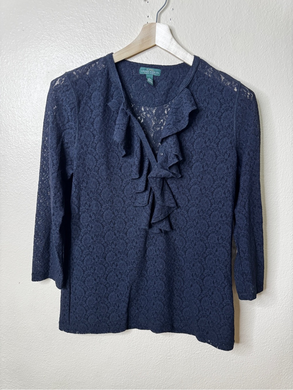 Lauren Jeans Co Ralph Lauren Womens L Black Lace Ruffle 3/4 Sleeve Blouse
